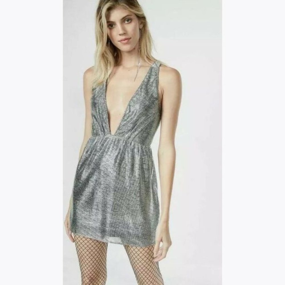 New EXPRESS Metallic Plunging Mini Dress sz S NWT - Picture 2 of 11